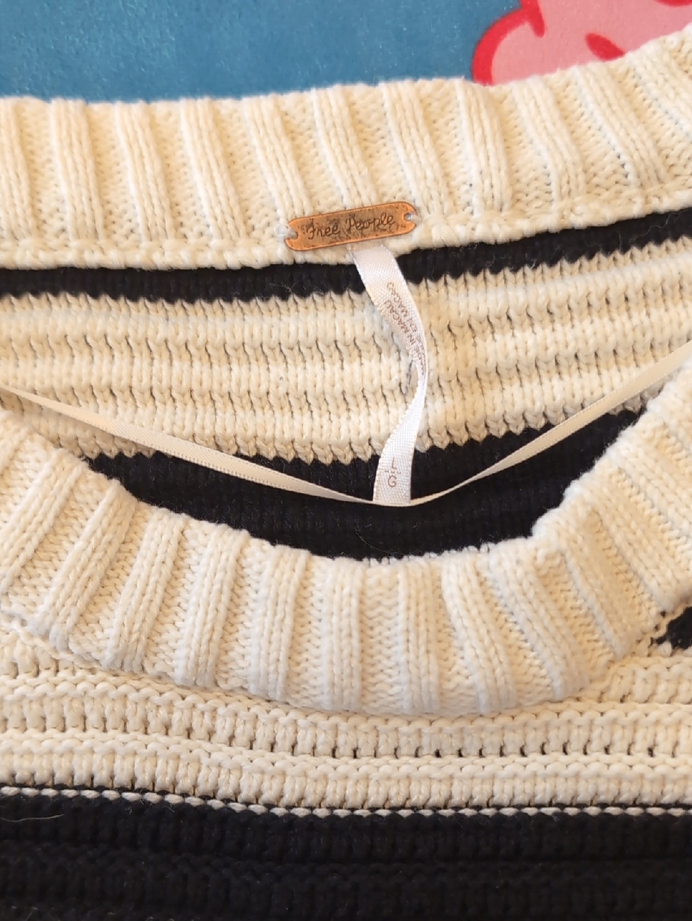 Free People Black and Cream Striped Knit Pullover Oversized L